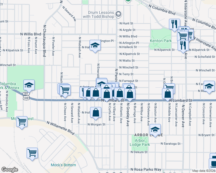map of restaurants, bars, coffee shops, grocery stores, and more near 3122 North Farragut Street in Portland