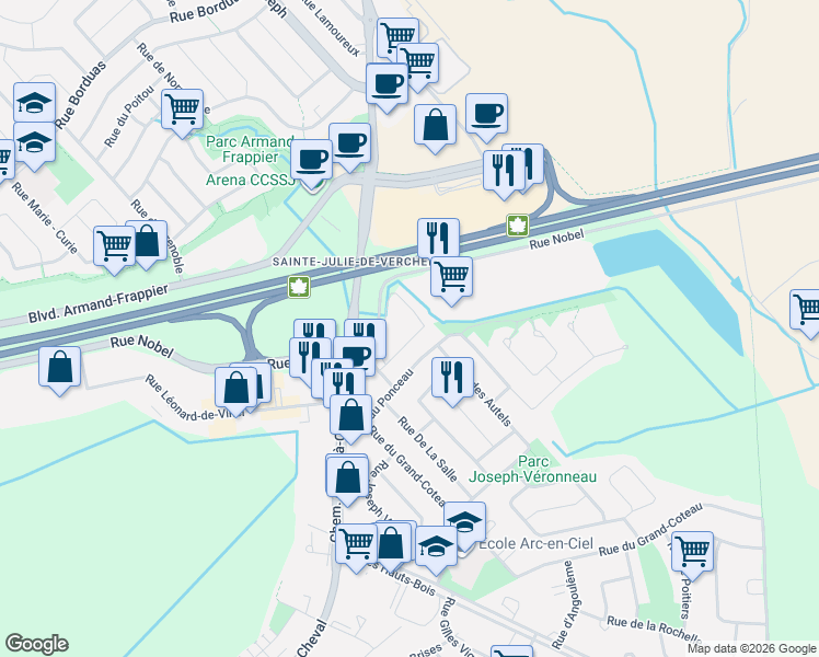 map of restaurants, bars, coffee shops, grocery stores, and more near 1999 Rue Nobel in Sainte-Julie
