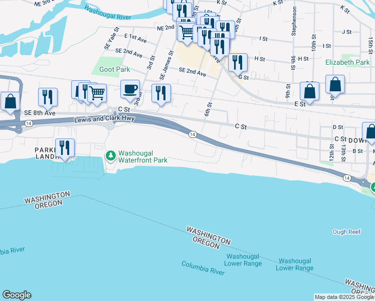 map of restaurants, bars, coffee shops, grocery stores, and more near 605 South A Place in Washougal