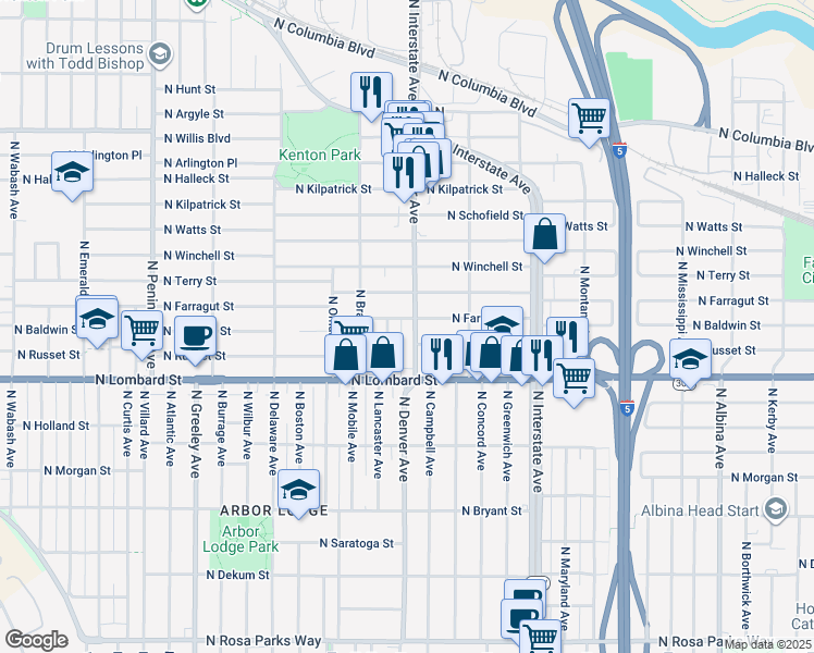 map of restaurants, bars, coffee shops, grocery stores, and more near 7710 North Denver Avenue in Portland