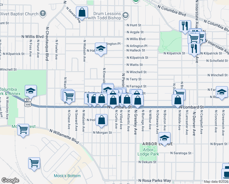map of restaurants, bars, coffee shops, grocery stores, and more near 3122 North Farragut Street in Portland
