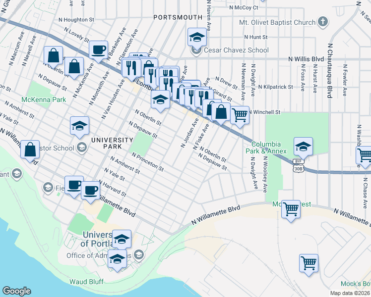 map of restaurants, bars, coffee shops, grocery stores, and more near 4928 North Oberlin Street in Portland