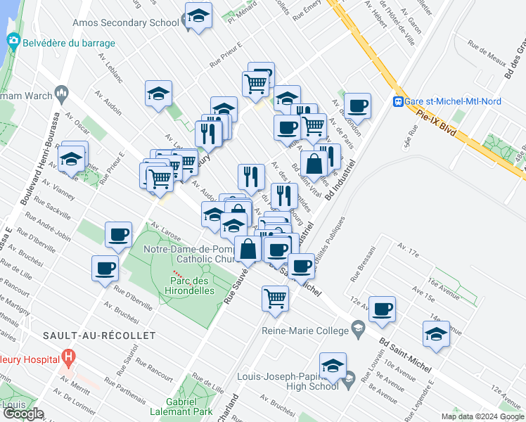 map of restaurants, bars, coffee shops, grocery stores, and more near 9985 Avenue de Belleville in Montrã©Al