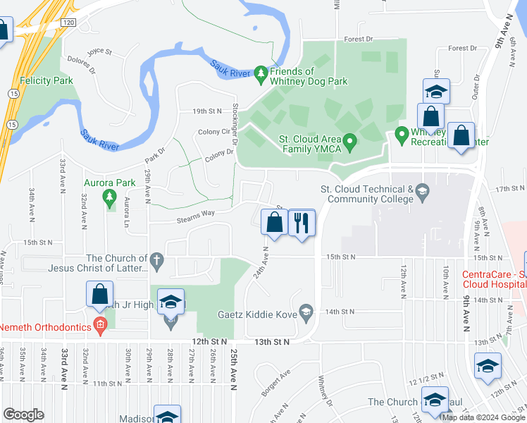 map of restaurants, bars, coffee shops, grocery stores, and more near 1605 25th Avenue North in St. Cloud