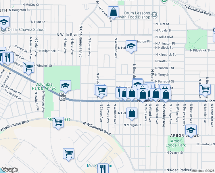 map of restaurants, bars, coffee shops, grocery stores, and more near 3642 North Farragut Street in Portland