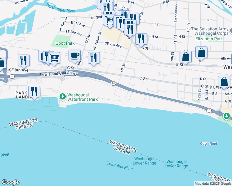 map of restaurants, bars, coffee shops, grocery stores, and more near 605 South A Place in Washougal