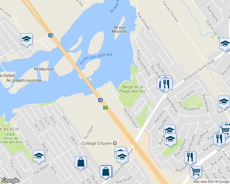 map of restaurants, bars, coffee shops, grocery stores, and more near 1065 Rue de Bordeaux in Laval