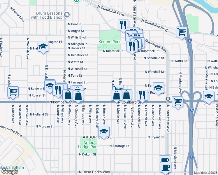 map of restaurants, bars, coffee shops, grocery stores, and more near 2325 North Baldwin Street in Portland