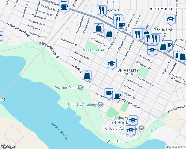 map of restaurants, bars, coffee shops, grocery stores, and more near 6815 North McKenna Avenue in Portland