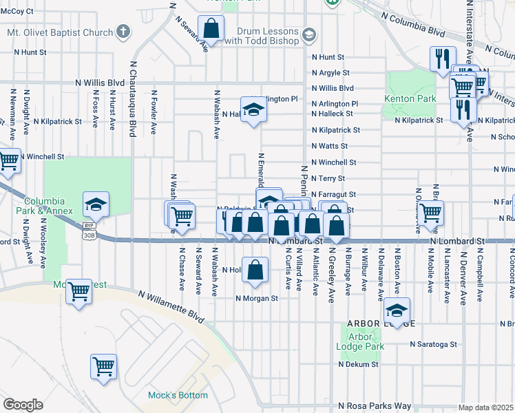 map of restaurants, bars, coffee shops, grocery stores, and more near 7655 North Emerald Avenue in Portland