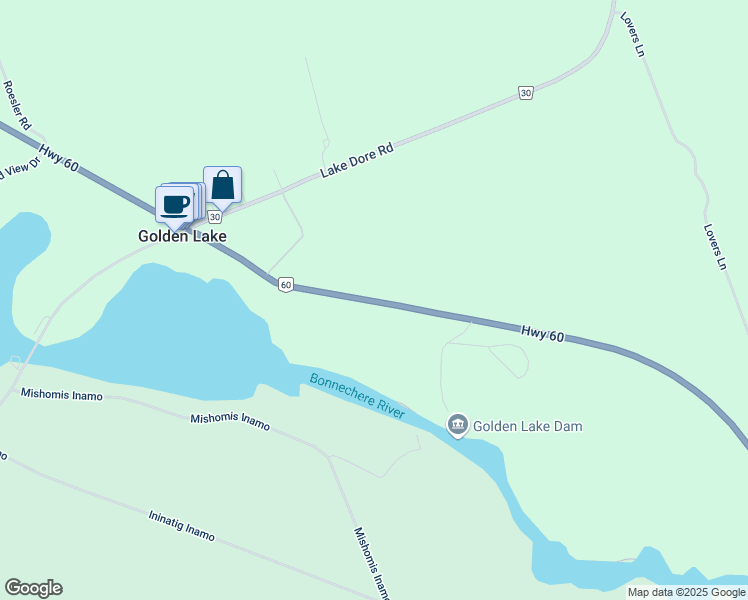 map of restaurants, bars, coffee shops, grocery stores, and more near 11017 Ontario 60 in Golden Lake