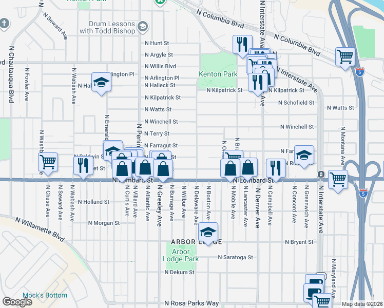 map of restaurants, bars, coffee shops, grocery stores, and more near 2515 North Baldwin Street in Portland