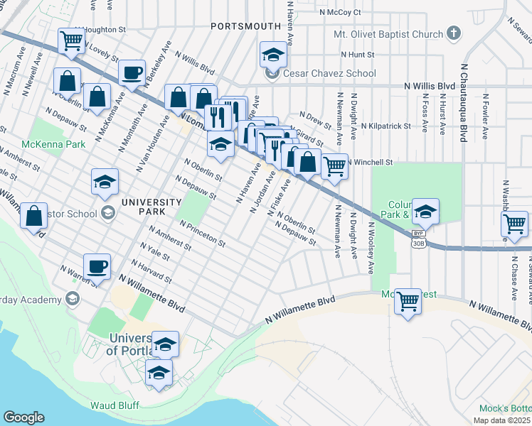 map of restaurants, bars, coffee shops, grocery stores, and more near 7311 North Fiske Avenue in Portland