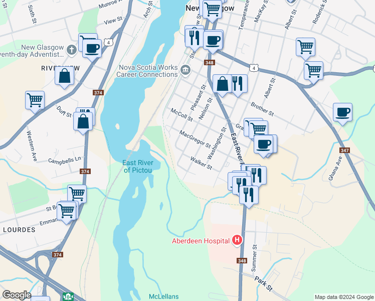 map of restaurants, bars, coffee shops, grocery stores, and more near 548 Nelson Street in New Glasgow