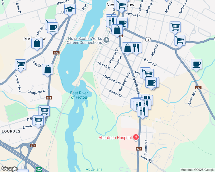 map of restaurants, bars, coffee shops, grocery stores, and more near 548 Nelson Street in New Glasgow
