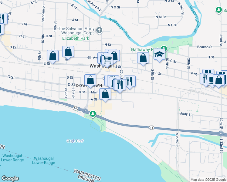 map of restaurants, bars, coffee shops, grocery stores, and more near 1887 Main Street in Washougal