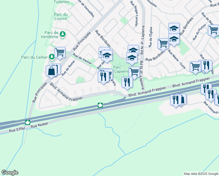 map of restaurants, bars, coffee shops, grocery stores, and more near 40 Place d'Amboise in Sainte-Julie