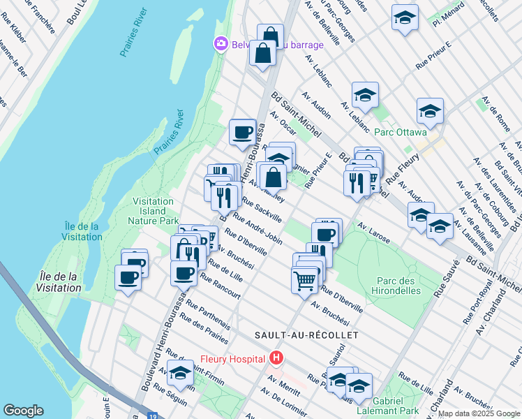 map of restaurants, bars, coffee shops, grocery stores, and more near 10600 Sackville Street in Montreal