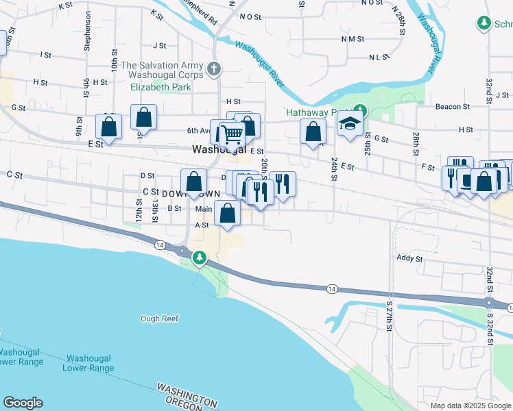 map of restaurants, bars, coffee shops, grocery stores, and more near 1911 Main Street in Washougal