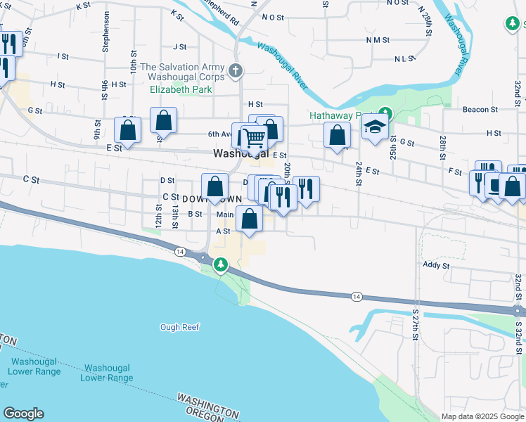 map of restaurants, bars, coffee shops, grocery stores, and more near 1911 Main Street in Washougal