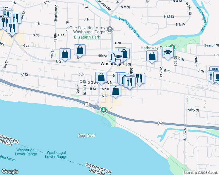 map of restaurants, bars, coffee shops, grocery stores, and more near 1702 C Street in Washougal