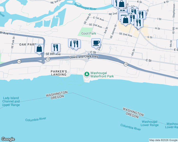 map of restaurants, bars, coffee shops, grocery stores, and more near 54 South 2nd Street in Washougal