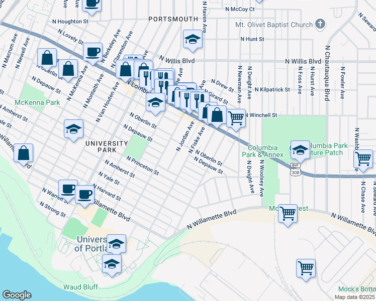 map of restaurants, bars, coffee shops, grocery stores, and more near 7407 North Fiske Avenue in Portland