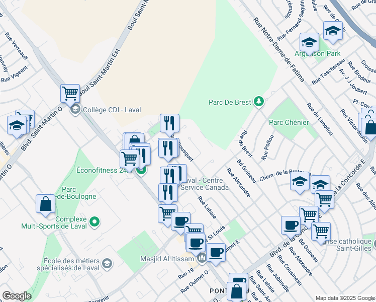 map of restaurants, bars, coffee shops, grocery stores, and more near 1079 Rue Bousquet in Laval
