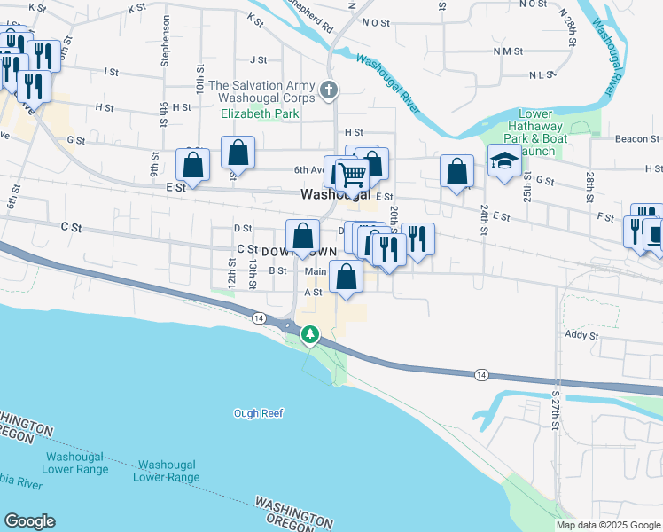 map of restaurants, bars, coffee shops, grocery stores, and more near 1625 Main Street in Washougal