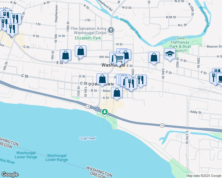 map of restaurants, bars, coffee shops, grocery stores, and more near 1625 Main Street in Washougal