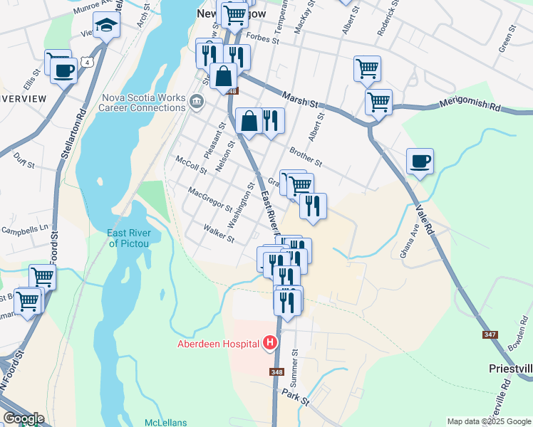 map of restaurants, bars, coffee shops, grocery stores, and more near 559 East River Road in New Glasgow
