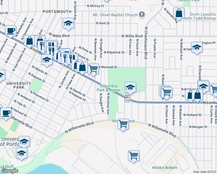 map of restaurants, bars, coffee shops, grocery stores, and more near 4503 North Lombard Street in Portland