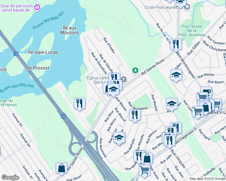 map of restaurants, bars, coffee shops, grocery stores, and more near 3859 Boulevard Sainte-Rose in Laval