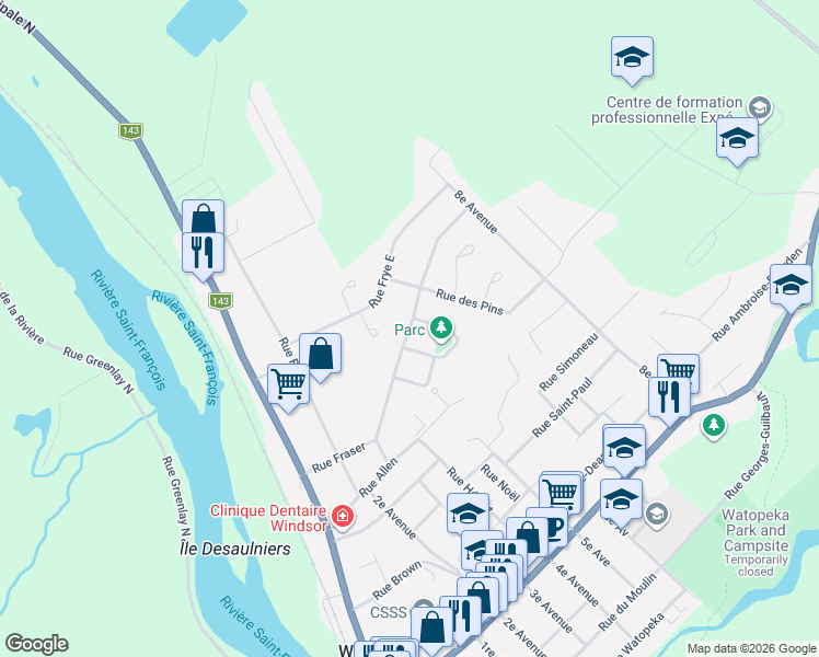 map of restaurants, bars, coffee shops, grocery stores, and more near Rue Crabtree in Windsor