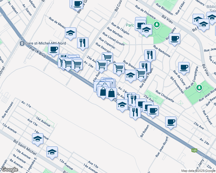 map of restaurants, bars, coffee shops, grocery stores, and more near 4131 40e Rue in Montréal