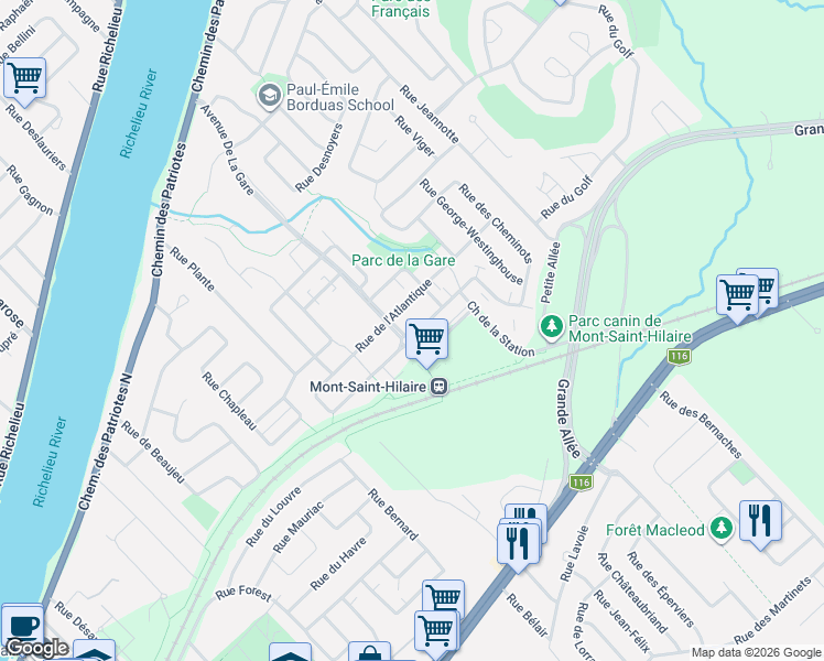 map of restaurants, bars, coffee shops, grocery stores, and more near 581 Cours de la Raffinerie in Mont-Saint-Hilaire