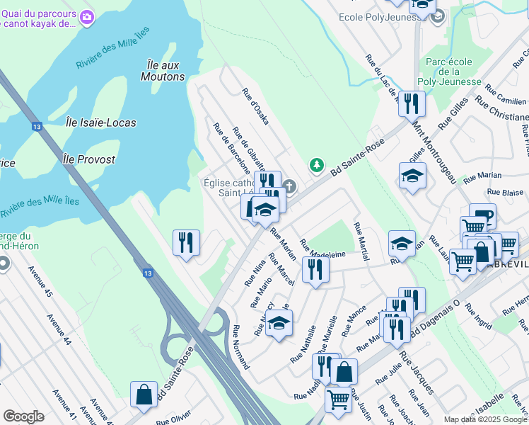 map of restaurants, bars, coffee shops, grocery stores, and more near 3859 Boulevard Sainte-Rose in Laval