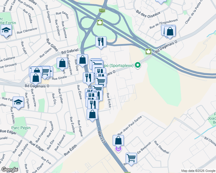 map of restaurants, bars, coffee shops, grocery stores, and more near 445 Rue Éricka in Laval