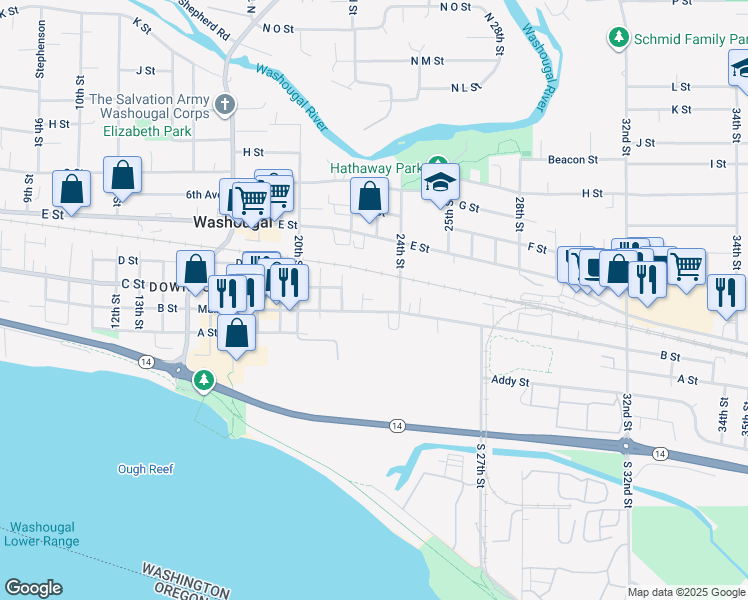 map of restaurants, bars, coffee shops, grocery stores, and more near 2317 Main Street in Washougal