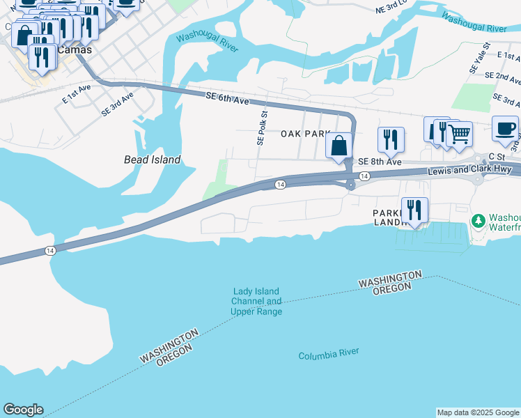 map of restaurants, bars, coffee shops, grocery stores, and more near 1116 Southeast Polk Street in Camas