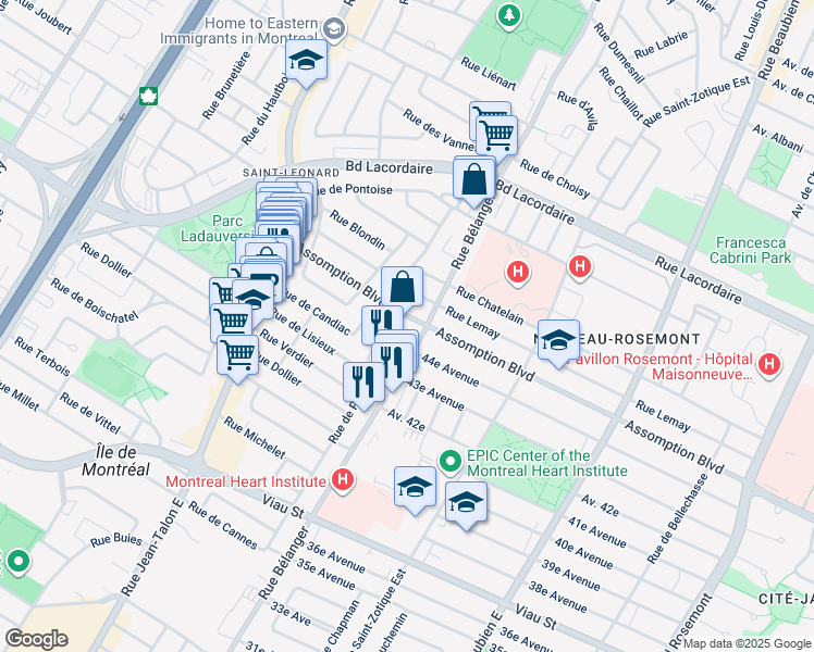 map of restaurants, bars, coffee shops, grocery stores, and more near 6966 Boulevard de l'Assomption in Montréal