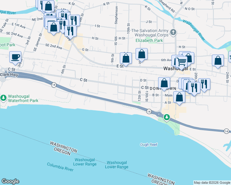 map of restaurants, bars, coffee shops, grocery stores, and more near 235 9th Street in Washougal