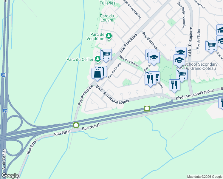 map of restaurants, bars, coffee shops, grocery stores, and more near 72 Place de Valençay in Sainte-Julie
