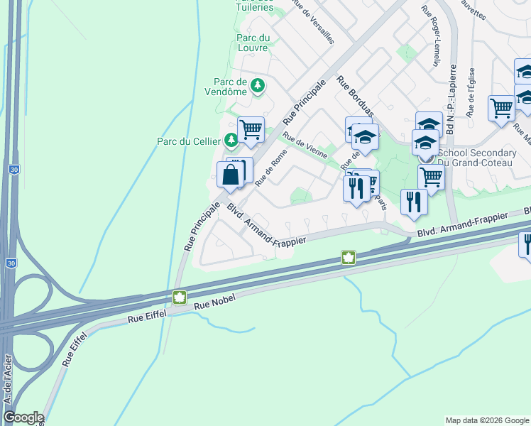 map of restaurants, bars, coffee shops, grocery stores, and more near 72 Place de Valençay in Sainte-Julie