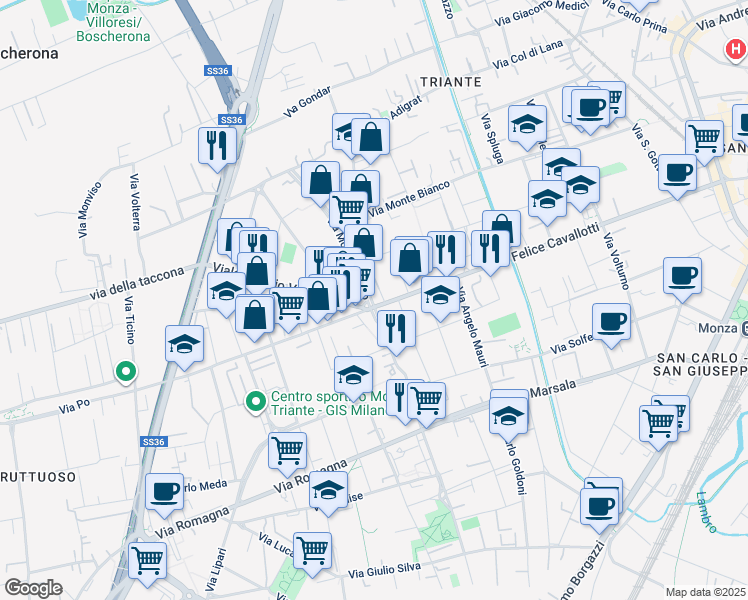 map of restaurants, bars, coffee shops, grocery stores, and more near 4 Via Monte Cervino in Monza
