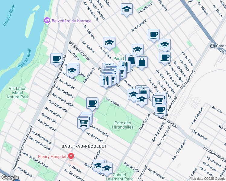 map of restaurants, bars, coffee shops, grocery stores, and more near 10275 Rue J J Gagnier in Montréal