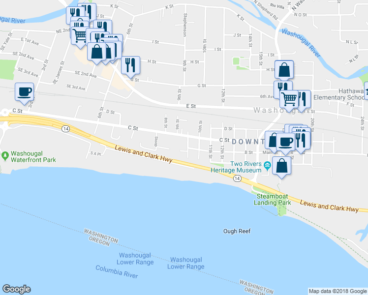 map of restaurants, bars, coffee shops, grocery stores, and more near 235 9th Street in Washougal