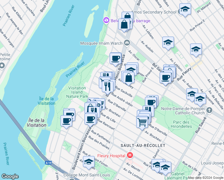 map of restaurants, bars, coffee shops, grocery stores, and more near 2570 Boulevard Henri-Bourassa Est in Montréal