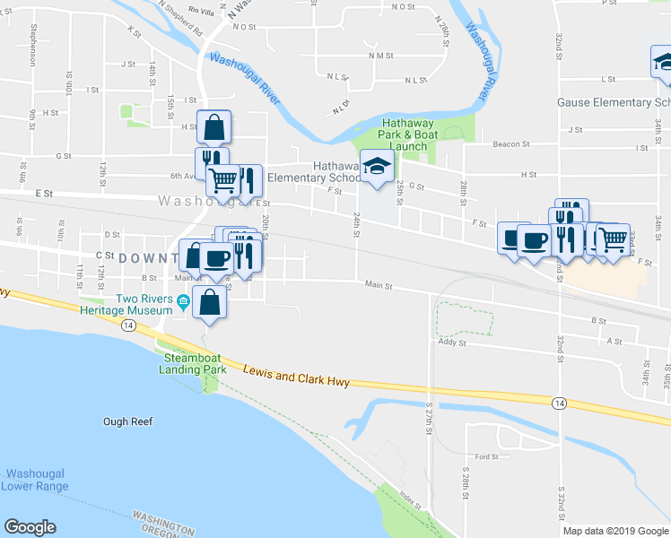map of restaurants, bars, coffee shops, grocery stores, and more near 2317 Main Street in Washougal