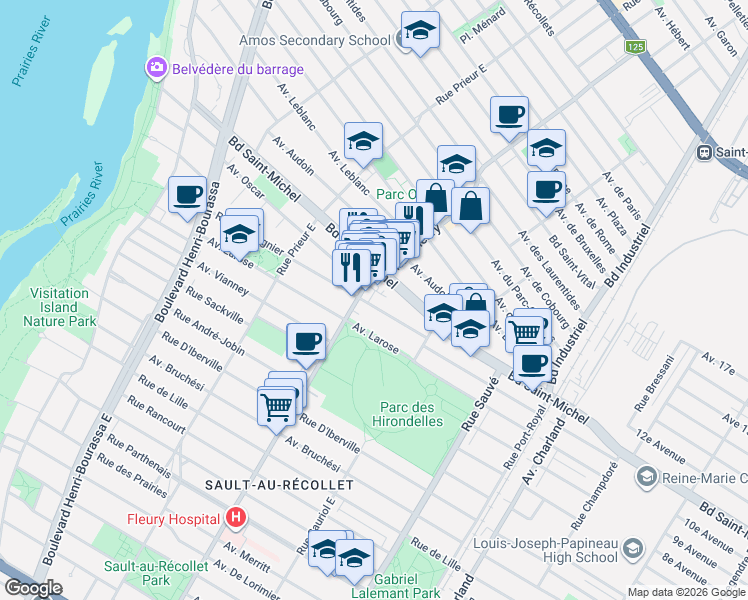 map of restaurants, bars, coffee shops, grocery stores, and more near 10275 Rue J J Gagnier in Montréal